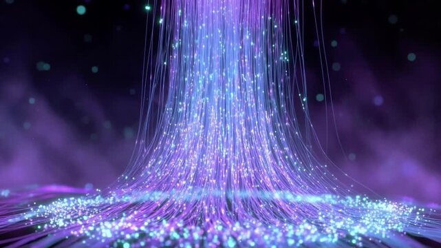 Purple and blue glowing particles and lines flowing upwards in a stream, symbolizing big data, digital communication, and future technology