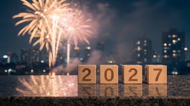 New years eve celebration with fireworks and wooden blocks displaying the year 2027