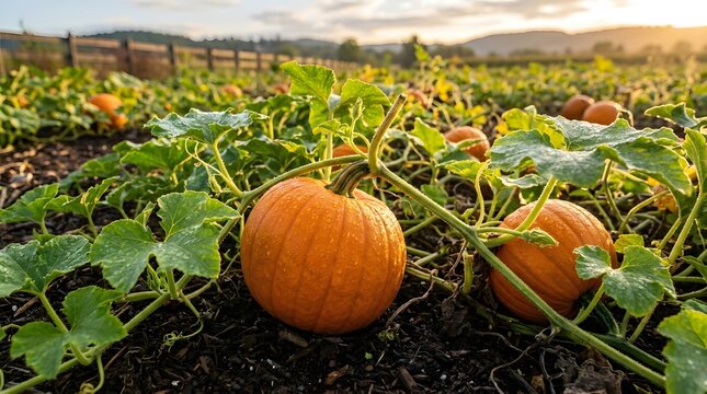 Bright vibrant orange pumpkins are flourishing and growing among the lush green vines in a large autumn pumpkin patch at sunset
