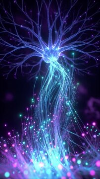 Neuron forming from growing fiber optic cables representing brain activity and artificial intelligence on a dark background