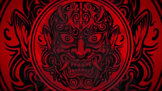 Red Japanese Oni Mask Artwork Rotates in Circular Motion Against Dark Background Cinematic Horror Concept