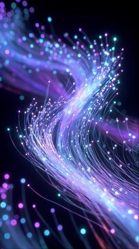 Luminous fiber optic strands transmitting digital data in a dynamic swirl on a dark background