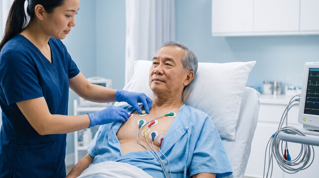Senior man undergoing heart electrocardiogram monitoring test in clinic with calm expression while nurse attaches medical electrode lead