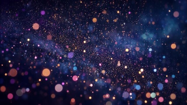 Glittering bokeh particles flowing in a beautiful cosmic nebula background with glowing stars and magical fairy dust floating