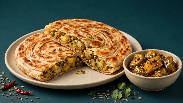 Stuffed Lachha Paratha Aloo Matar Paratha with Mango Pickle Spiral Layered Flatbread with Potato Peas Filling