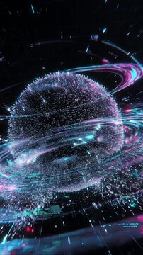 Digital particle sphere floating in futuristic cyber space with glowing light trails and abstract data streams