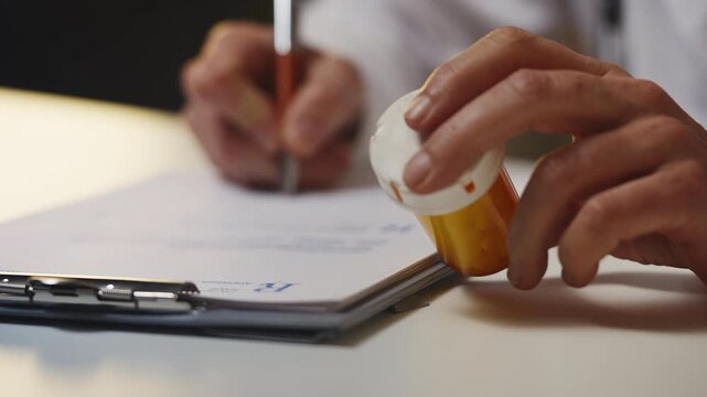Male physician holds pill bottle while prescribing medication to patient