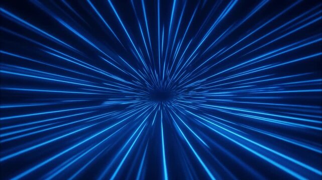Abstract blue hyperspace tunnel journey with streaking glowing neon lights representing speed and interstellar travel