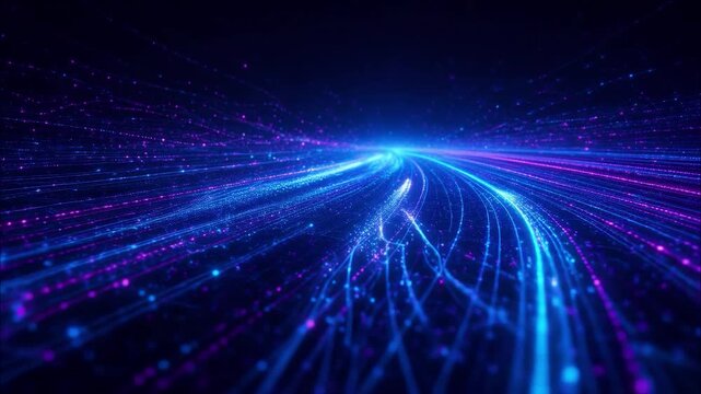 Digital data stream traveling through a futuristic information superhighway with glowing blue and purple particle trails