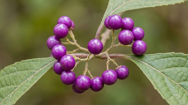 Bright purple beautyberries growing on a green bush in the garden. american beautyberry