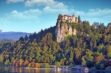 Fototapeta premium Bled Castle on Cliff Above Lake Bled in Autumn, Slovenia