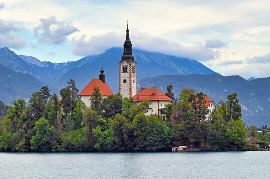 Church of the Assumption of Mary on Bled Island with Julian Alps in Background, Slovenia