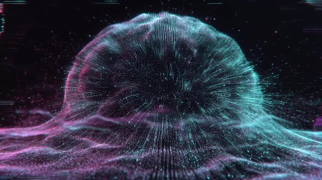Abstract particle terrain pulsing with digital energy and glowing data streams against a dark background with glitch effects