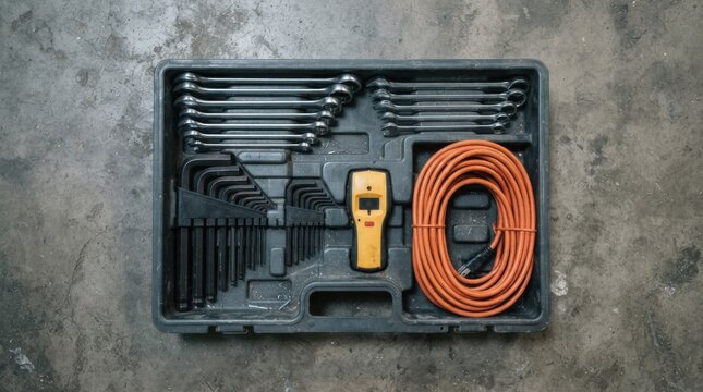 Overhead view of an organized toolbox tray with wrenches, hex keys, a stud finder and coiled extension cord on a warehouse floor