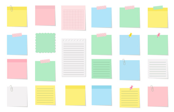 Colorful Pastel Sticky Notes Vector Set with Washi Tape, Push Pins, and Clips, Blank Memo Sheets, Grid Lined Notepad Paper Scrapbook Template Isolated on White Background Vector