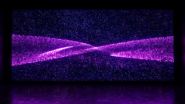 Abstract glowing purple and blue particles forming a swirling vortex on a large led screen with reflections on a wet floor