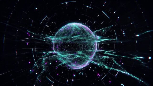 Digital sphere pulsating with quantum energy and futuristic information in outer space, representing artificial intelligence