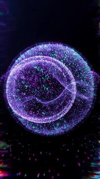Glowing sphere of particles with digital waves and glitch effects moving in futuristic cyber space on a dark background