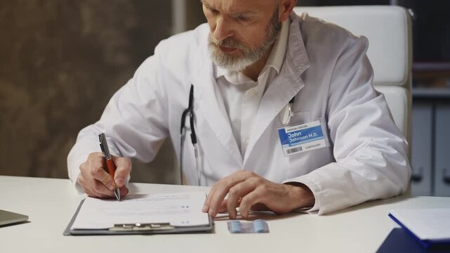 Male doctor fills out prescription form, prescribing pills for mens health