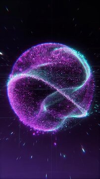 Luminous purple and cyan particle orb swirling and pulsating in a digital futuristic space against a dark background