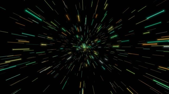 Emerald Green and Golden Infinite Hyperspace Light Streaks with Strong Neon Glow Flying Through Deep Perspective on Solid Black Background, Futuristic Seamless 4K Motion Graphics Loop