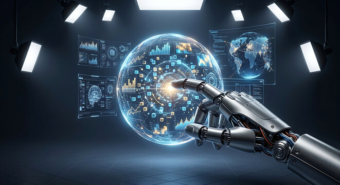 Robotic hand touching a glowing holographic globe interface displaying complex data graphs world maps and futuristic control panels inside a dark high tech laboratory environment under studio lighting