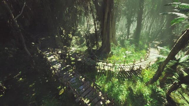 Moody boardwalk trail through dense woods at dusk, shadowed pathway and tangled roots create dramatic exploration vibe, ideal for adventure and nature
