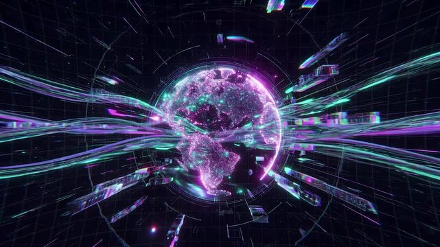 Digital earth globe rotating with data streams and neon lights. Futuristic technology and network communication concept background