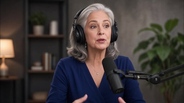 Senior podcast host with gray hair passionately speaking into a professional microphone during a live broadcast in her studio