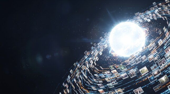 Digital vortex with glowing data and images in futuristic space