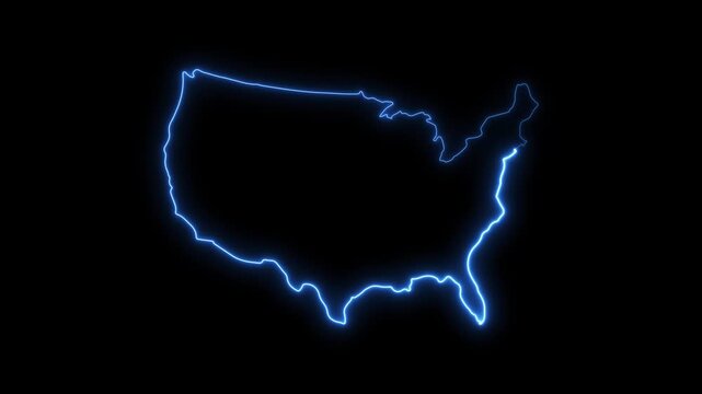 Glowing neon outline map of the united states of america on black background