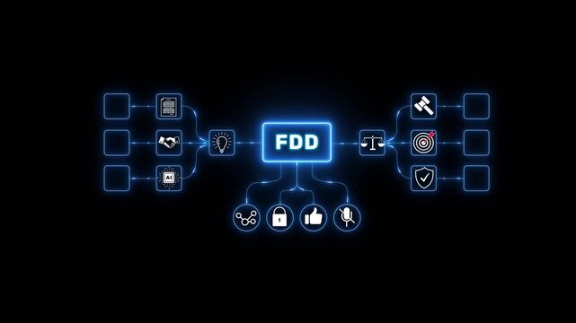 Feature-Driven development (FDD) technology concept with digital interface, workflow automation, icons and modern software engineering.