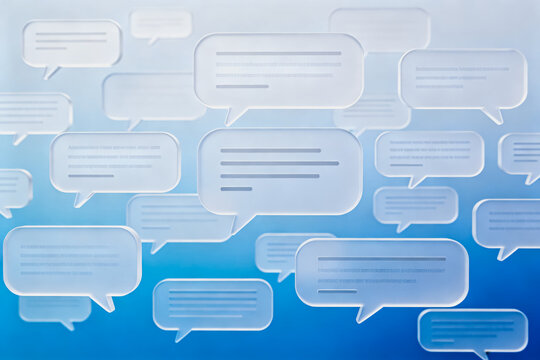 Translucent speech bubble icons arranged overlappingly, representing digital online communication and messaging concepts.