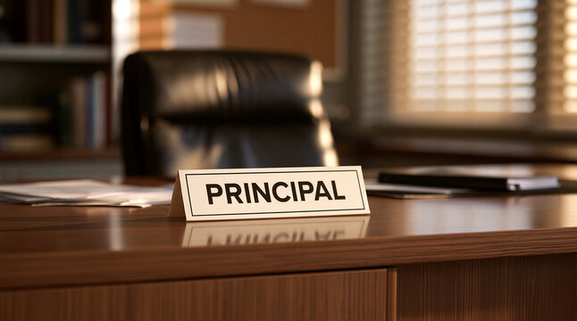 A Principal nameplate sits on a wooden desk in a bright school office with warm window light. Ideal for education administration and school leadership concepts.