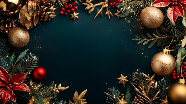 Festive holiday decoration arrangement, pine branches, gold ornaments, and red berries creating a cozy winter border concept