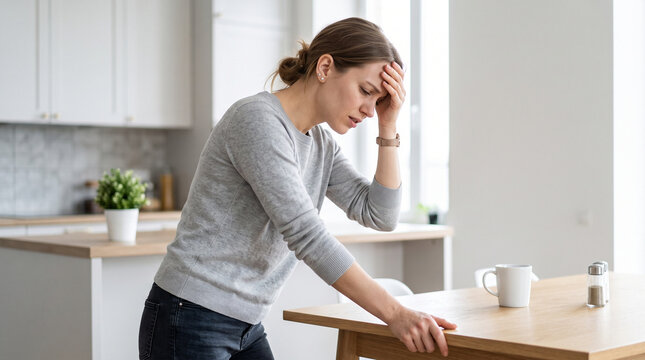 Young woman feeling dizzy at table in kitchen, suffering from headache, nausea, pain, stress, health problem and mental exhaustion