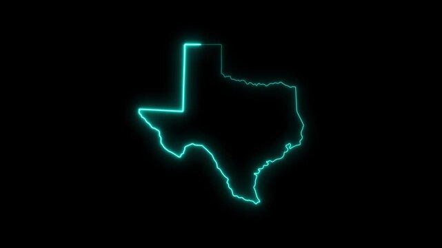 Neon texas state map outline glowing cyan light animation on black background
