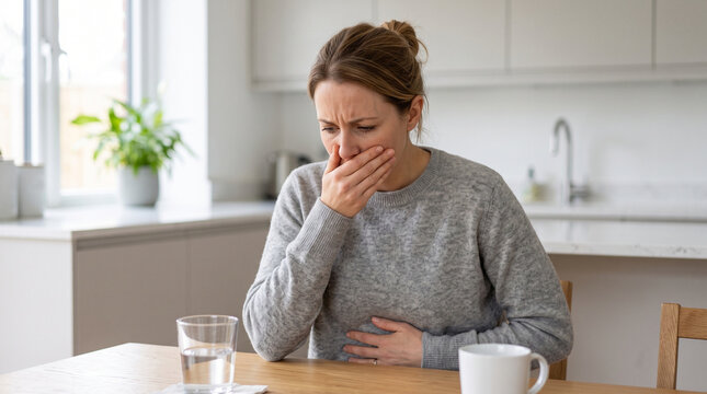 Woman feeling nauseous morning sickness unhealthy stomach pain illness tired kitchen indoor