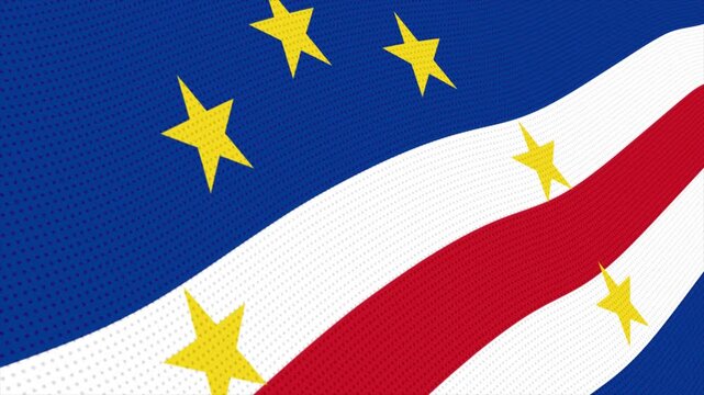 Flag of Cape Verde waving slowly in the foreground and moving upwards.