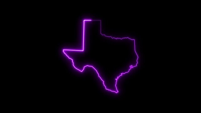 Neon purple texas state map outline glowing on black background