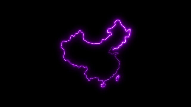Glowing neon outline map of china, purple digital border on black background, for tech presentations