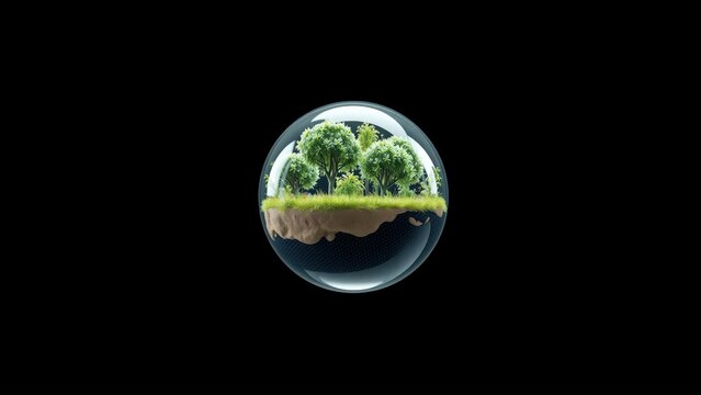 Sphere contains miniature landscape. Trees, grass visible inside reflective orb. Dark background emphasizes circular form, nature concept.