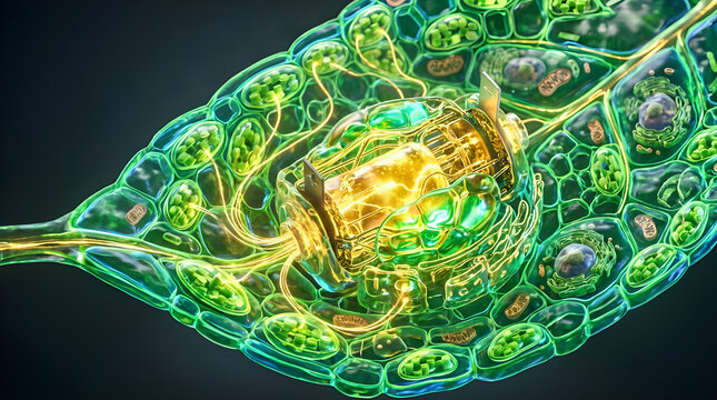 Close-up microscopic view of a leaf cell structure with glowing golden energy and circuit pathways microscopic structure chlorophyll abstract