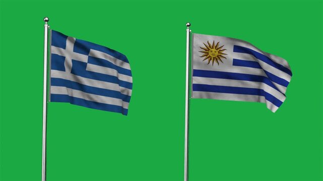 Greece and Uruguay Waving Flags, 3D Illustration