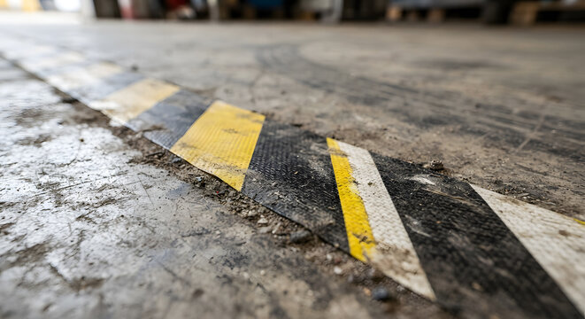 Industrial floor with worn yellow hazard safety tape