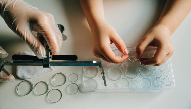 Child hand adult hand protective glove magnifying glass lens optical tool laboratory experiment education science learning curiosity research transparent round glass teamwork precision measurement