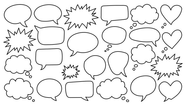 Hand Drawn Speech Bubbles Vector Set Isolated on White Background, Sketched Comic Book Thought Balloons, Blank Outline Message Box Collection, Dialogue Cloud Shapes Vector