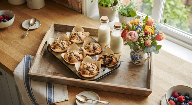 Freshly baked chocolate chip muffins on wooden tray with flowers and milk