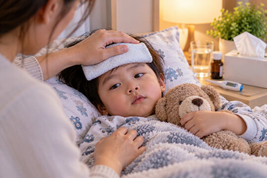 Mother caring for sick child in bed with cool towel on forehead, fever care, pediatric health and home treatment concept