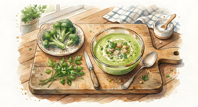 Watercolor illustration of a healthy broccoli soup meal on a rustic wooden board